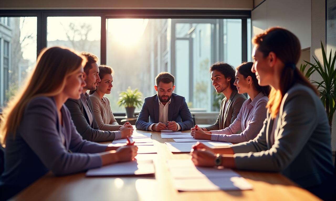 Equipos discutiendo la estrategia futura en una oficina luminosa