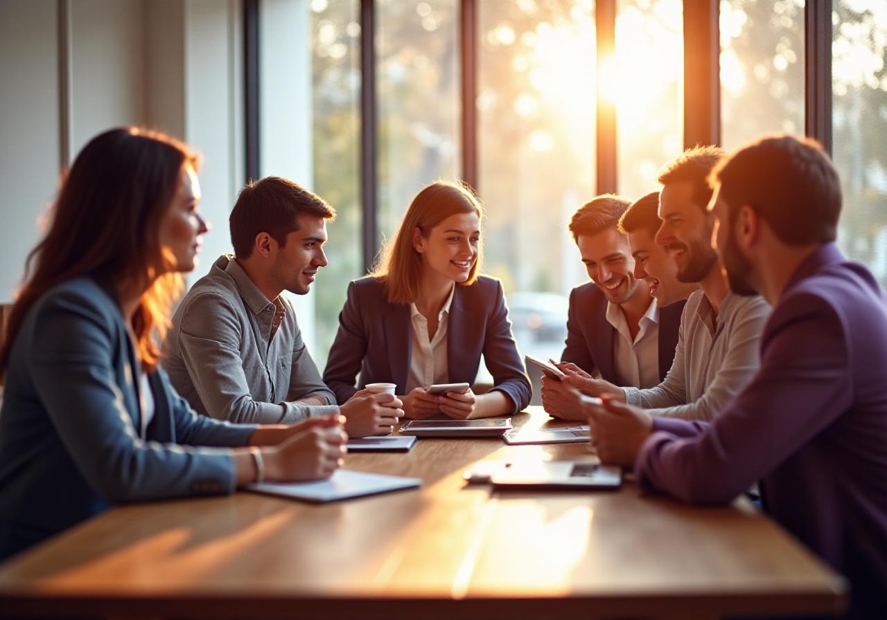 Equipo dinámico colaborando en una oficina luminosa en Madrid